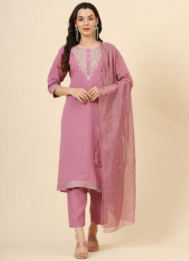 Muslin Pink Traditional Wear Embroidery Work Readymade Kurti Set